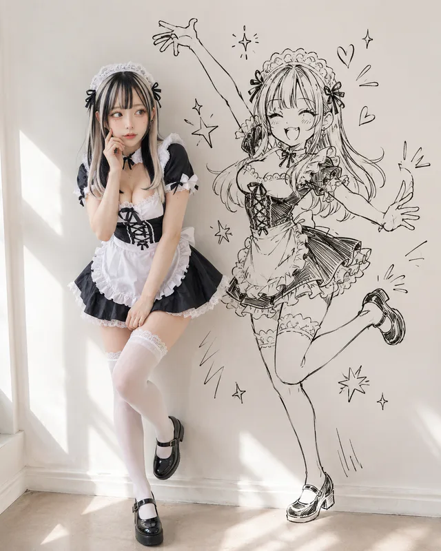黒いメイド服を着た白石凛花と、壁に描かれた元気な手描きドゥードルが並ぶAI生成作品
